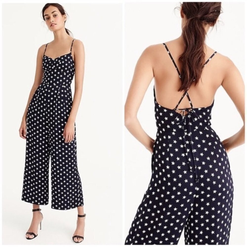 J. Crew Navy White Stars Print Tie Back Cropped Wide Leg Jumpsuit Size 6